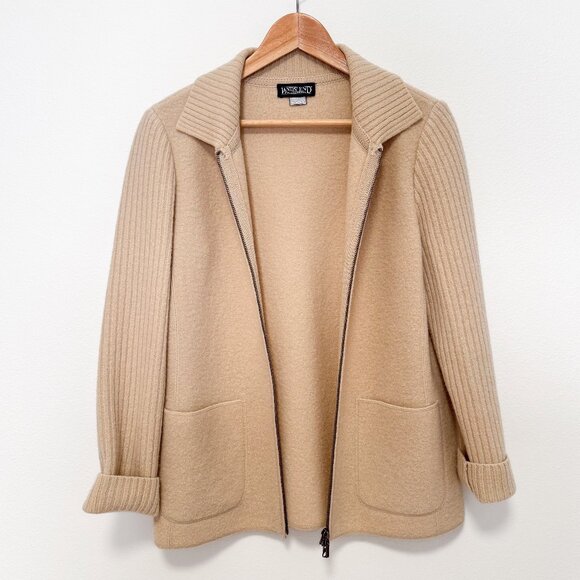 Lands End Cream Beige Boiled Wool Sweater Zip Front Jacket - Picture 6 of 14